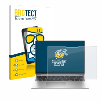 Face avant d’un emballage produit avec le logo de la marque BROTECT. À côté, l’appareil HP EliteBook 835 G11 est représenté av