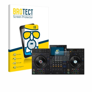 Face avant d’un emballage produit avec le logo de la marque BROTECT. À côté, l’appareil Pioneer XDJ-AZ est représenté avec la 