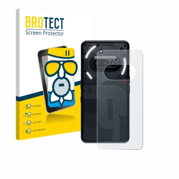 Face avant d’un emballage produit avec le logo de la marque BROTECT. À côté, l’appareil Nothing Phone (3a) (Arrière) est repré