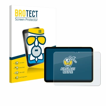 Face avant d’un emballage produit avec le logo de la marque BROTECT. À côté, l’appareil Apple iPad Air 11