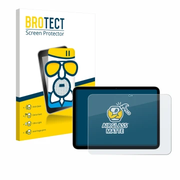 Face avant d’un emballage produit avec le logo de la marque BROTECT. À côté, l’appareil Apple iPad A16 11