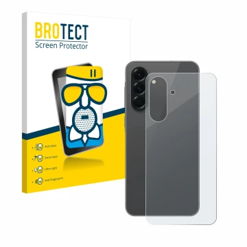 Face avant d’un emballage produit avec le logo de la marque BROTECT. À côté, l’appareil Samsung Galaxy A56 5G (Arrière) est re
