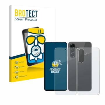 Face avant d’un emballage produit avec le logo de la marque BROTECT. À côté, l’appareil Samsung Galaxy A56 5G (Avant+Arrière) 