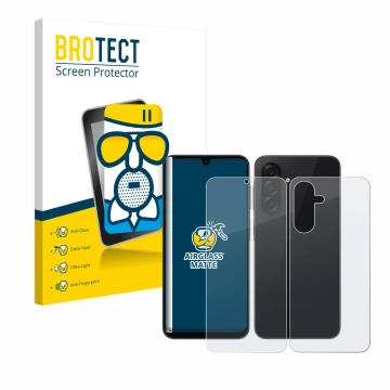 Face avant d’un emballage produit avec le logo de la marque BROTECT. À côté, l’appareil Samsung Galaxy A26 5G (Avant+Arrière) 