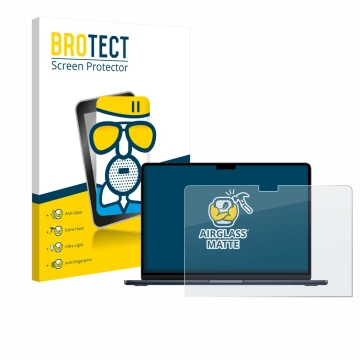 Face avant d’un emballage produit avec le logo de la marque BROTECT. À côté, l’appareil Apple MacBook Air 13