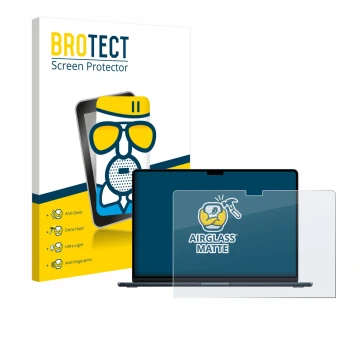 Face avant d’un emballage produit avec le logo de la marque BROTECT. À côté, l’appareil Apple MacBook Air 15