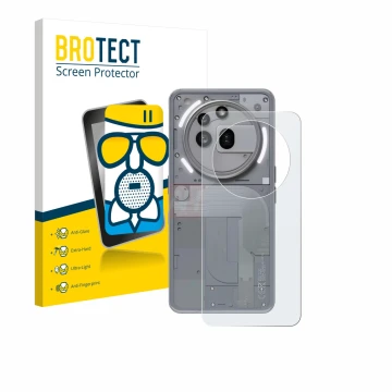 Face avant d’un emballage produit avec le logo de la marque BROTECT. À côté, l’appareil Nothing Phone (3a) Pro (Arrière) est r