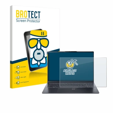 Face avant d’un emballage produit avec le logo de la marque BROTECT. À côté, l’appareil Acer Swift Go 16 AI est représenté ave