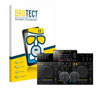 Face avant d’un emballage produit avec le logo de la marque BROTECT. À côté, l’appareil Pioneer XDJ -RR (Jog) est représenté a