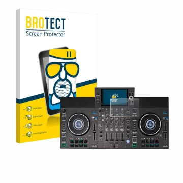 Face avant d’un emballage produit avec le logo de la marque BROTECT. À côté, l’appareil Denon DJ SC LIVE 4 (Jog) est représent