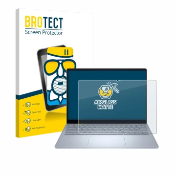 Face avant d’un emballage produit avec le logo de la marque BROTECT. À côté, l’appareil Dell 14 Plus 2-in-1 est représenté ave