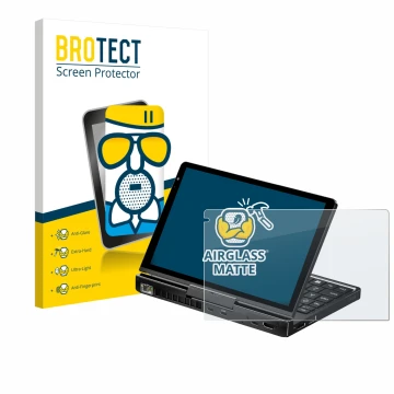 Face avant d’un emballage produit avec le logo de la marque BROTECT. À côté, l’appareil GPD Pocket 4 est représenté avec la pr