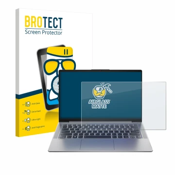 Face avant d’un emballage produit avec le logo de la marque BROTECT. À côté, l’appareil Lenovo IdeaPad 5 14ALC05 est représent