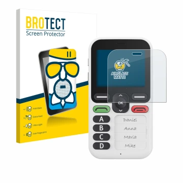 Face avant d’un emballage produit avec le logo de la marque BROTECT. À côté, l’appareil Doro Leva X10 est représenté avec la p