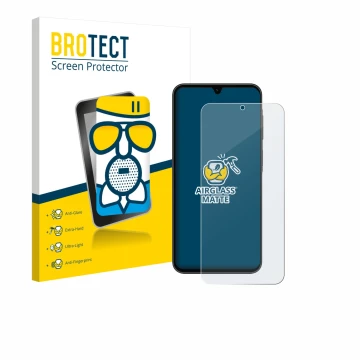 Face avant d’un emballage produit avec le logo de la marque BROTECT. À côté, l’appareil Samsung Galaxy A26 5G Enterprise Editi