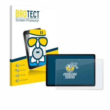 Face avant d’un emballage produit avec le logo de la marque BROTECT. À côté, l’appareil Samsung Galaxy Tab S10 FE WiFi est rep