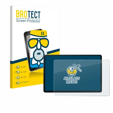 Face avant d’un emballage produit avec le logo de la marque BROTECT. À côté, l’appareil Samsung Galaxy Tab S10 FE+ WiFi est re