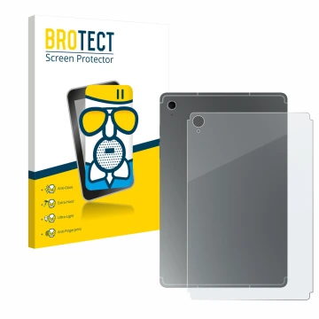 Face avant d’un emballage produit avec le logo de la marque BROTECT. À côté, l’appareil Samsung Galaxy Tab S10 FE (Arrière) es