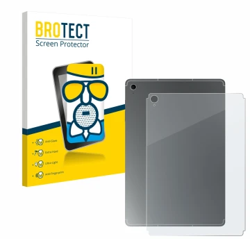 Face avant d’un emballage produit avec le logo de la marque BROTECT. À côté, l’appareil Samsung Galaxy Tab S10 FE+ (Arrière) e