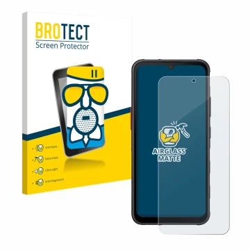 Face avant d’un emballage produit avec le logo de la marque BROTECT. À côté, l’appareil Samsung Galaxy XCover 7 Pro est représ