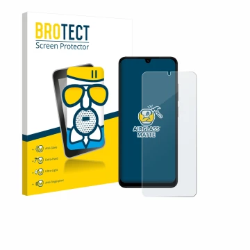 Face avant d’un emballage produit avec le logo de la marque BROTECT. À côté, l’appareil Xiaomi Redmi A5 est représenté avec la