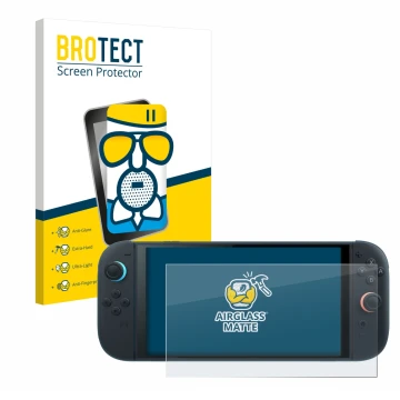 Face avant d’un emballage produit avec le logo de la marque BROTECT. À côté, l’appareil Nintendo Switch 2 est représenté avec 