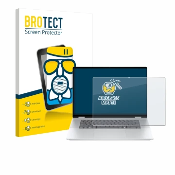 Face avant d’un emballage produit avec le logo de la marque BROTECT. À côté, l’appareil HP OmniBook X Flip 16-aX est représent