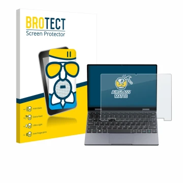 Face avant d’un emballage produit avec le logo de la marque BROTECT. À côté, l’appareil Chuwi MiniBook X N150 est représenté a