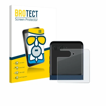 Face avant d’un emballage produit avec le logo de la marque BROTECT. À côté, l’appareil Motorola Razr 60 (Affichage arrière) e