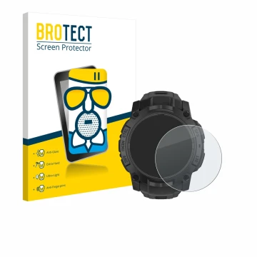 Face avant d’un emballage produit avec le logo de la marque BROTECT. À côté, l’appareil Garmin Instinct 3 Solar Tactical Editi