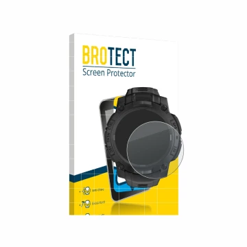 Face avant d’un emballage produit avec le logo de la marque BROTECT. À côté, l’appareil Garmin Instinct 3 Solar Tactical Editi