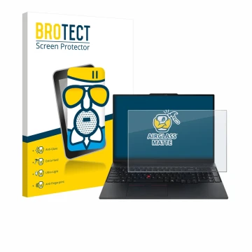 Face avant d’un emballage produit avec le logo de la marque BROTECT. À côté, l’appareil Lenovo ThinkPad E16 Gen 3 est représen