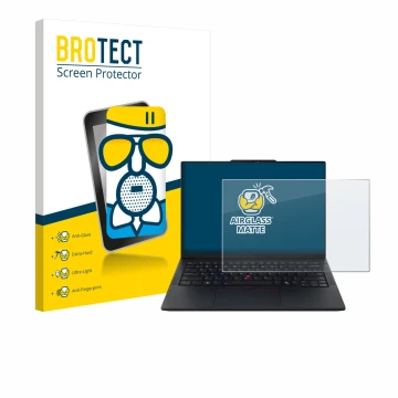 Face avant d’un emballage produit avec le logo de la marque BROTECT. À côté, l’appareil Lenovo ThinkPad E14 Gen 7 est représen