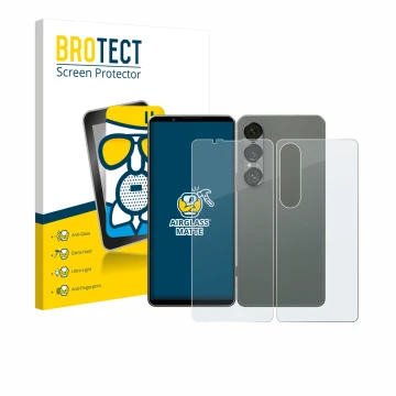 Face avant d’un emballage produit avec le logo de la marque BROTECT. À côté, l’appareil Sony Xperia 1 VII (Avant+Arrière) est 
