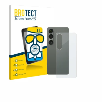 Face avant d’un emballage produit avec le logo de la marque BROTECT. À côté, l’appareil Sony Xperia 1 VII (Arrière) est représ