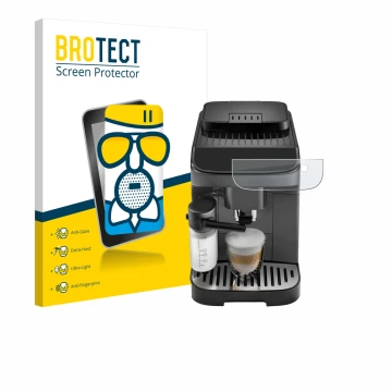 Face avant d’un emballage produit avec le logo de la marque BROTECT. À côté, l’appareil DeLonghi Magnifica Evo est représenté 