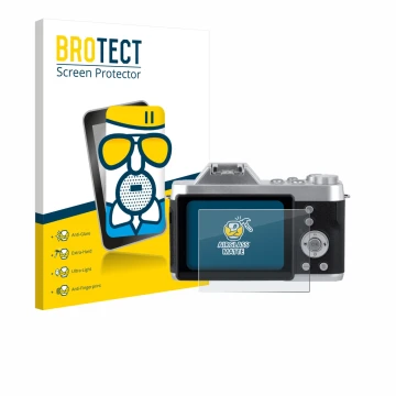 Face avant d’un emballage produit avec le logo de la marque BROTECT. À côté, l’appareil Rollei Powerflex 10x Retro est représe