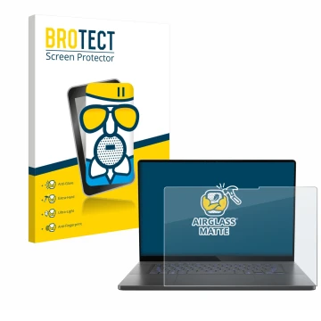 Face avant d’un emballage produit avec le logo de la marque BROTECT. À côté, l’appareil ASUS ROG Zephyrus G16 2025 est représe