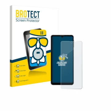 Face avant d’un emballage produit avec le logo de la marque BROTECT. À côté, l’appareil Sharp Aquos Sense 8 est représenté ave