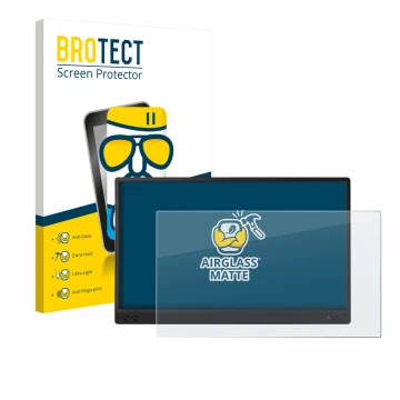 Face avant d’un emballage produit avec le logo de la marque BROTECT. À côté, l’appareil ASUS ZenScreen MB166C est représenté a