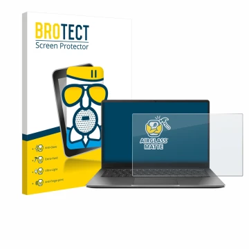 Face avant d’un emballage produit avec le logo de la marque BROTECT. À côté, l’appareil ASUS Chromebook Plus CX14 est représen