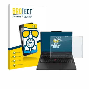 Face avant d’un emballage produit avec le logo de la marque BROTECT. À côté, l’appareil Lenovo ThinkPad T14s 2-in-1 est représ