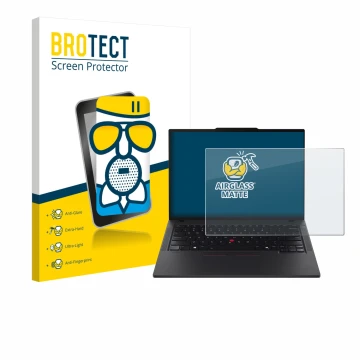 Face avant d’un emballage produit avec le logo de la marque BROTECT. À côté, l’appareil Lenovo ThinkPad T14 Gen 6 est représen