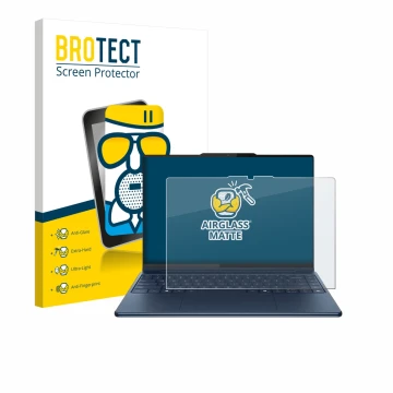 Face avant d’un emballage produit avec le logo de la marque BROTECT. À côté, l’appareil Lenovo Yoga Pro 9i Gen 10 Aura Edition