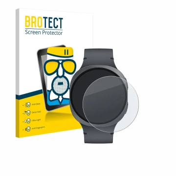 Face avant d’un emballage produit avec le logo de la marque BROTECT. À côté, l’appareil Samsung Galaxy Watch 8 (44 mm) est rep
