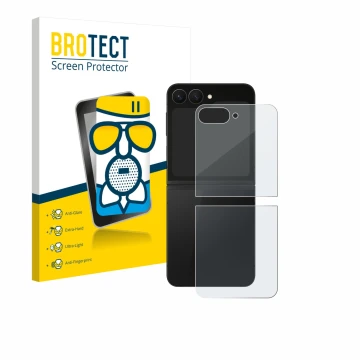 Face avant d’un emballage produit avec le logo de la marque BROTECT. À côté, l’appareil Samsung Galaxy Z Flip 7 FE (Arrière) e