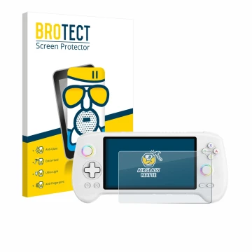 Face avant d’un emballage produit avec le logo de la marque BROTECT. À côté, l’appareil Anbernic RG557 est représenté avec la 