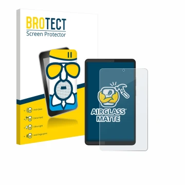 Face avant d’un emballage produit avec le logo de la marque BROTECT. À côté, l’appareil Lenovo Tab One 8.7