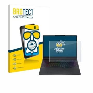 Face avant d’un emballage produit avec le logo de la marque BROTECT. À côté, l’appareil Lenovo Legion 5 15IRX10 83LY est repré