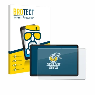 Face avant d’un emballage produit avec le logo de la marque BROTECT. À côté, l’appareil Lenovo Tab K11e est représenté avec la
